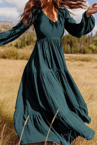 Casual Solid Flounce U Neck Cake Skirt Dresses