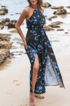 Bohemian Elegant Print Floral Frenulum Halter A Line Dresses