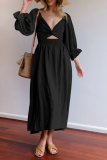 Street Solid Patchwork Square Collar Waist Skirt Dresses