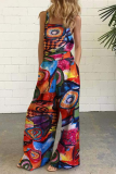 Street Graffiti Split Joint Buttons Square Collar Straight Jumpsuits