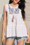 Elegant Embroidery Lace Frenulum O Neck Tops