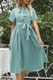 Elegant Print Frenulum With Bow Ribbon Collar Pleated Dresses