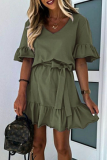 Casual Solid Split Joint Frenulum V Neck A Line Dresses