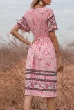 Elegant Floral Split Joint Draw String V Neck A Line Dresses