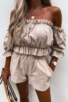 Casual Street Solid Split Joint Flounce Off the Shoulder Three Quarter Two Pieces