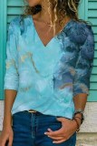 Street Print Patchwork V Neck Tops