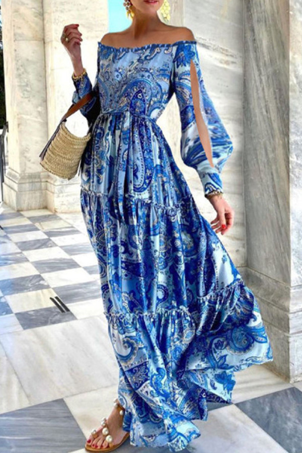 Fashion Street Print Split Joint Off the Shoulder Printed Dresses
