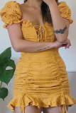 Fashion Street Solid Hollowed Out Square Collar Wrapped Skirt Dresses