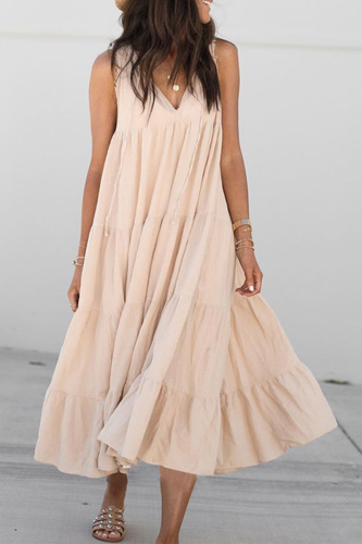 Fashion Casual Solid Split Joint Fold V Neck Cake Skirt Dresses