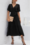 Elegant Solid Split Joint With Belt V Neck Cake Skirt Dresses