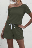 Fashion Casual Solid Draw String Oblique Collar Loose Rompers
