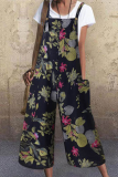 Casual Print Pocket Buttons Capris Square Collar Loose Jumpsuits
