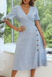 Fashion Elegant Floral Buckle Slit V Neck A Line Dresses