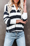Casual Striped Patchwork Buckle Turndown Collar Tops