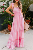 Fashion Simplicity Striped Split Joint Spaghetti Strap Waist Skirt Dresses