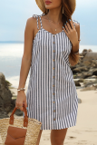 Elegant Striped Buckle Strap Design V Neck A Line Dresses