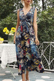 Fashion Street Print Split Joint V Neck Waist Skirt Dresses