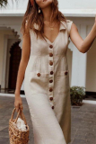 Casual Solid Pocket Buckle Turndown Collar A Line Dresses