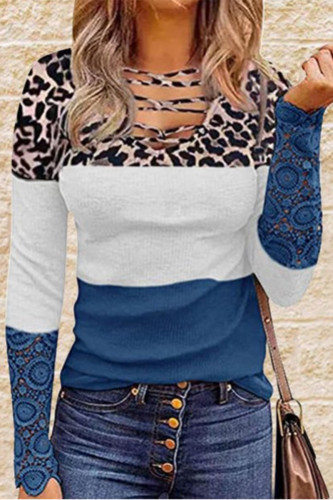 Leopard Print Lace Panel Striped Casual T-Shirt