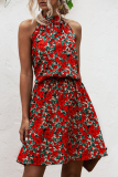 Elegant Print Floral Frenulum Halter A Line Dresses