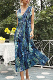 Fashion Street Print Split Joint V Neck Waist Skirt Dresses