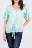 Casual Solid Buckle Strap Design V Neck Tops