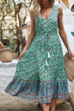 Elegant Floral Frenulum Buckle V Neck A Line Dresses