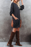 Casual Solid Split Joint Pocket O Neck Long Sleeve Dresses