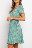 Fashion Sweet Print Split Joint V Neck A Line Dresses