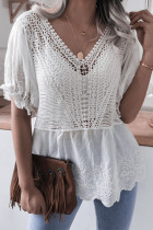 Fashion Casual Solid Hollowed Out Split Joint V Neck Tops
