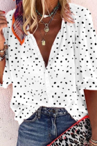 Casual Print Split Joint Turndown Collar Mid Waist Tops