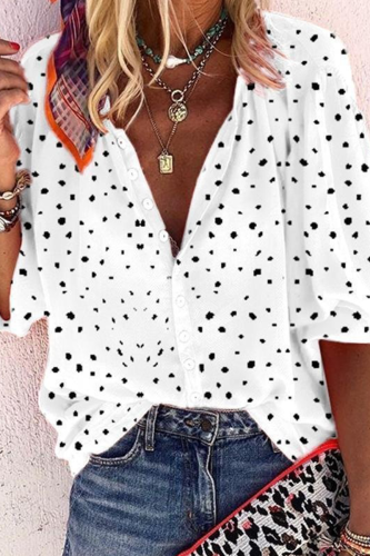 Casual Print Split Joint Turndown Collar Mid Waist Tops