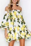 Fashion Elegant Floral Split Joint Flounce Off the Shoulder Princess Dresses