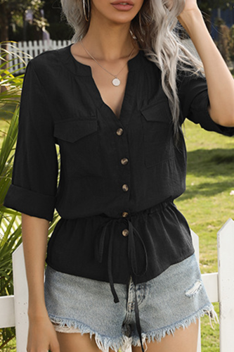 Fashion Casual Solid Draw String Buckle V Neck Tops