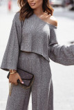 Fashion Sexy Solid Basic Off the Shoulder Long Sleeve Two Pieces