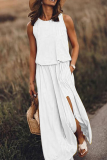 Fashion Casual Solid Patchwork Slit O Neck Waist Skirt Dresses