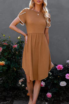 Casual Solid Split Joint O Neck Waist Skirt Dresses