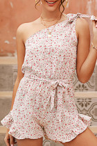 Fashion Street Print Frenulum Flounce Oblique Collar Straight Rompers