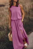 Fashion Casual Solid Patchwork Slit O Neck Waist Skirt Dresses