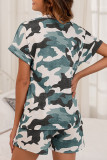 Fashion Casual Camouflage Print Split Joint V Neck Short Sleeve Two Pieces