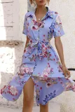 Fashion Street Print Split Joint Turndown Collar A Line Dresses