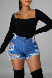 Fashion Street Solid Ripped High Waist Straight Denim Shorts