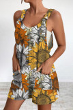 Casual Print Pocket V Neck Loose Rompers