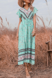 Elegant Floral Split Joint Frenulum V Neck Dresses