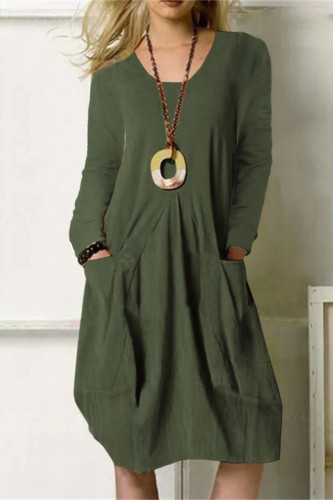 Fashion Casual Solid Pocket O Neck Long Sleeve Dresses