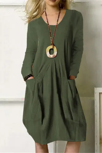 Fashion Casual Solid Pocket O Neck Long Sleeve Dresses