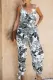 Casual Street Print Solid Draw String Backless V Neck Regular Jumpsuits