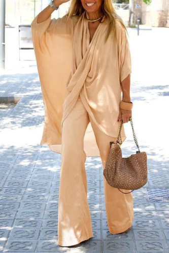Casual Solid Patchwork Fold Asymmetrical V Neck Half Sleeve Two Pieces