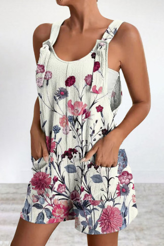 Casual Print Pocket V Neck Loose Rompers