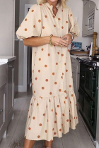 Casual Polka Dot Make Old Split Joint Buckle Flounce Mandarin Collar A Line Dresses